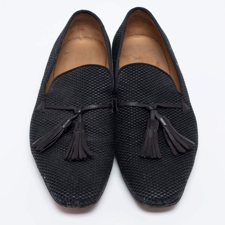 Pre Owned Christian Louboutin Black Woven Fabric Tassel Smoking Slippers Size 42.5 