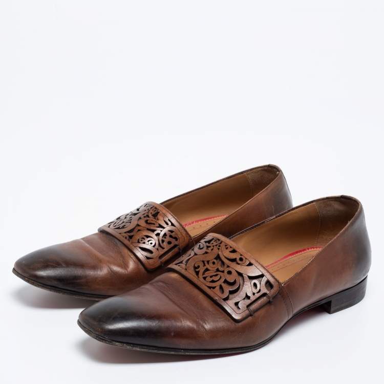 مملوكة مسبقًا Christian Louboutin Two-Tone Leather Laser-Cut Strap Loafers Size 42.5
