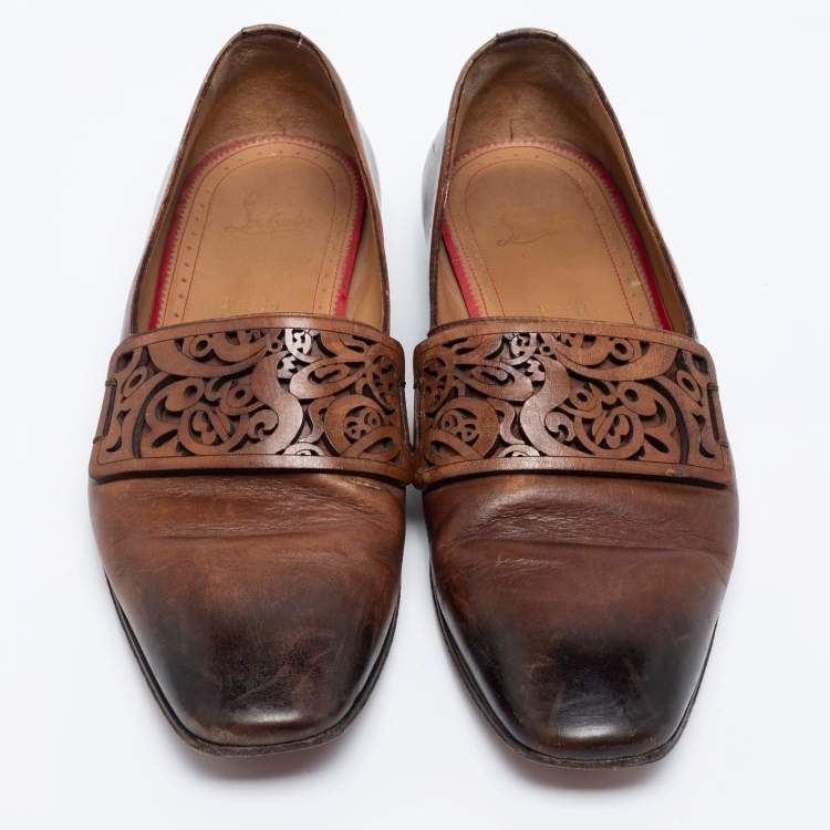 مملوكة مسبقًا Christian Louboutin Two-Tone Leather Laser-Cut Strap Loafers Size 42.5