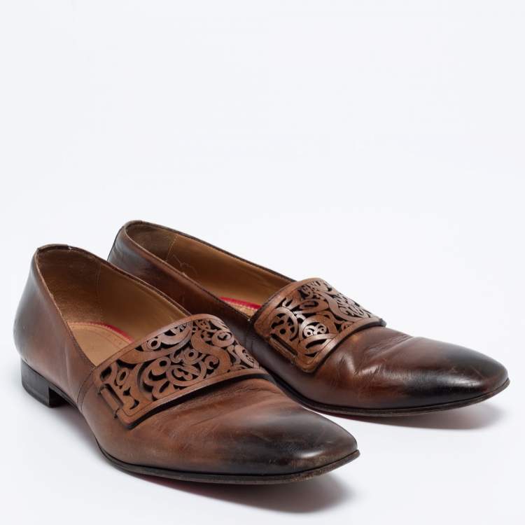 مملوكة مسبقًا Christian Louboutin Two-Tone Leather Laser-Cut Strap Loafers Size 42.5