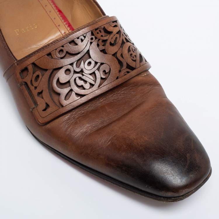 مملوكة مسبقًا Christian Louboutin Two-Tone Leather Laser-Cut Strap Loafers Size 42.5