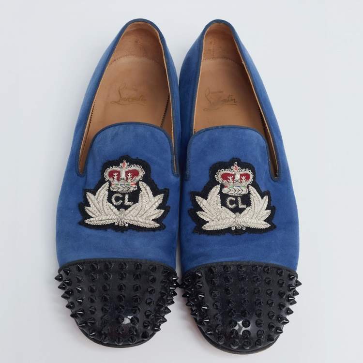 Pre Owned Christian Louboutin Blue/Black Suede and Patent Leather Harvanana Spiked Cap-Toe Smoking Slippers Size 42.5