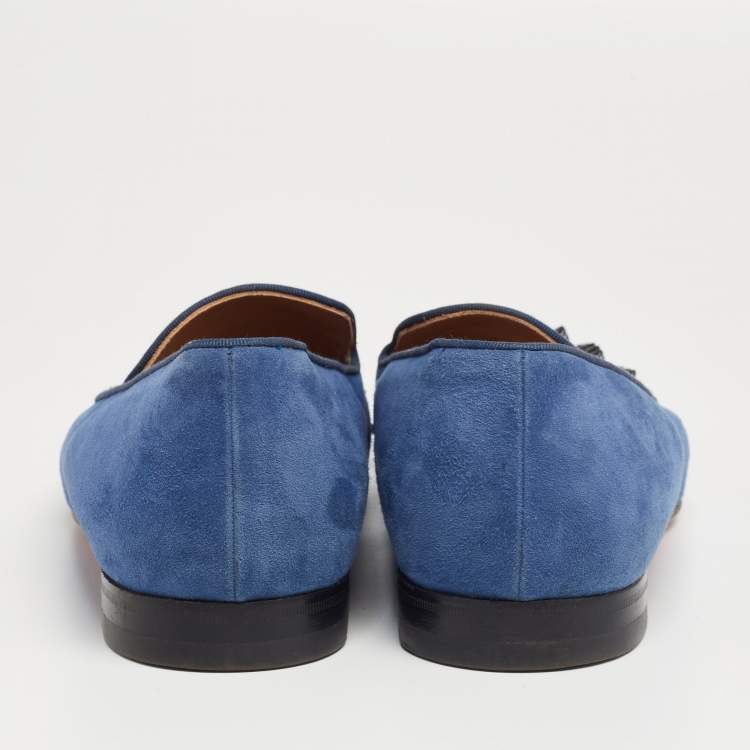 Pre Owned Christian Louboutin Blue/Black Suede and Patent Leather Harvanana Spiked Cap-Toe Smoking Slippers Size 42.5