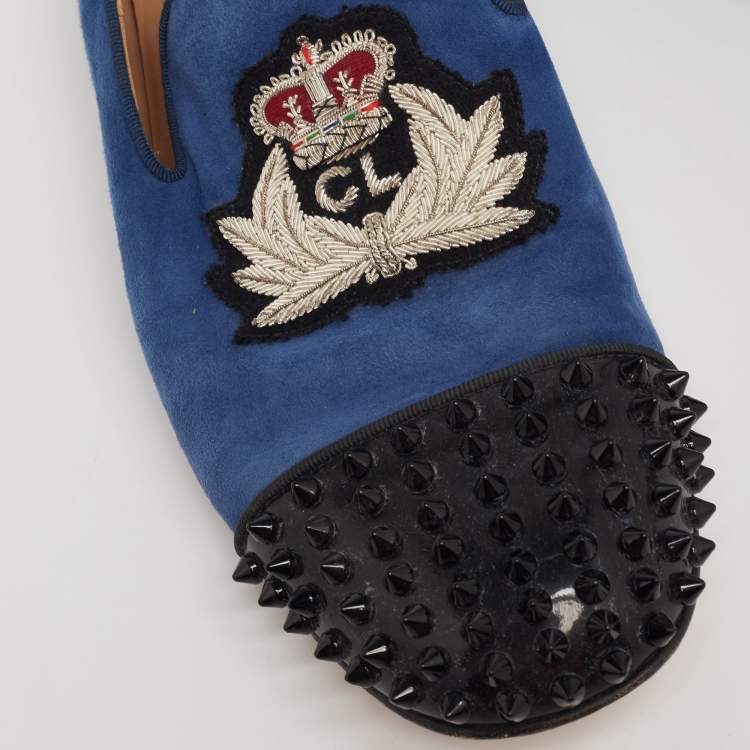 Pre Owned Christian Louboutin Blue/Black Suede and Patent Leather Harvanana Spiked Cap-Toe Smoking Slippers Size 42.5