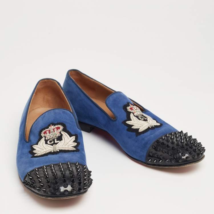 Pre Owned Christian Louboutin Blue/Black Suede and Patent Leather Harvanana Spiked Cap-Toe Smoking Slippers Size 42.5