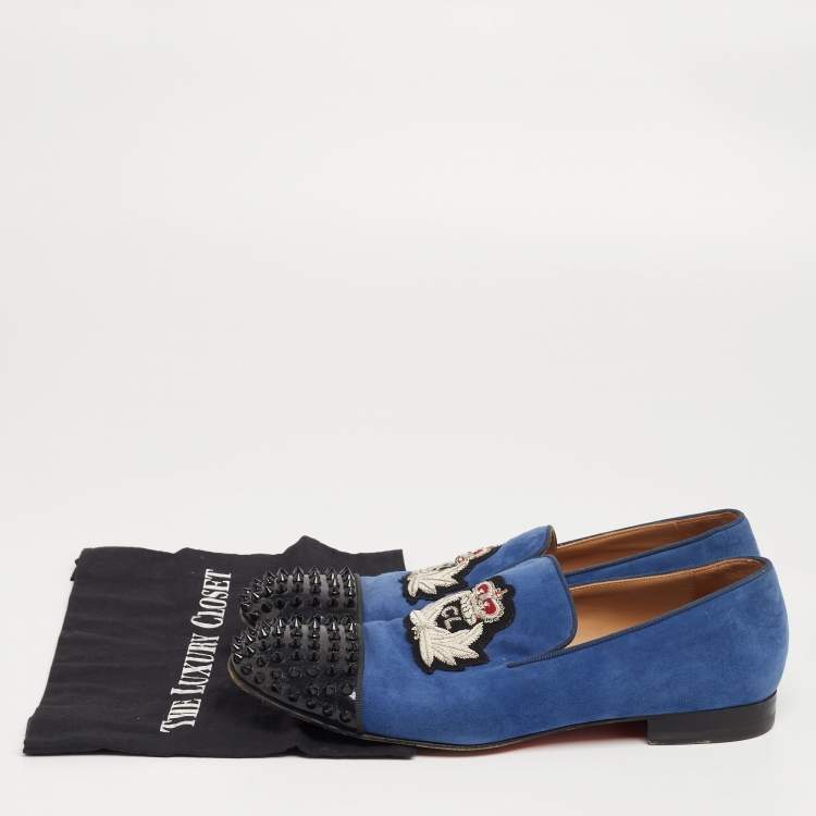 Pre Owned Christian Louboutin Blue/Black Suede and Patent Leather Harvanana Spiked Cap-Toe Smoking Slippers Size 42.5