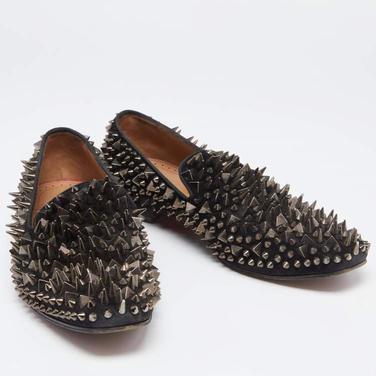 Pre Owned Christian Louboutin Black Suede Spike Loafers Size 42.5
