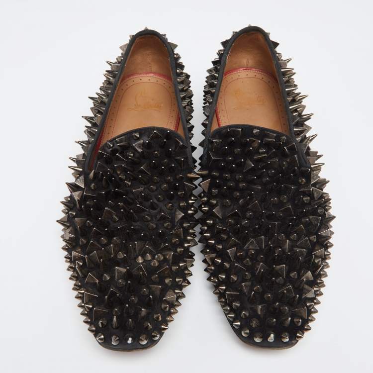 Pre Owned Christian Louboutin Black Suede Spike Loafers Size 42.5