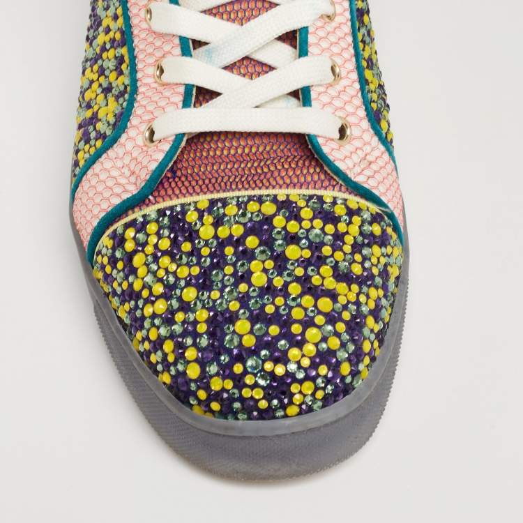 Pre Owned Christian Louboutin Multicolor Mesh And Patent Leather Crystal Embellished High Top Sneakers Size 43.5