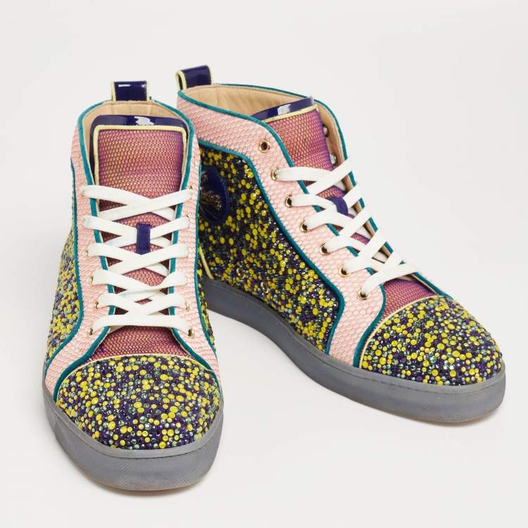 Pre Owned Christian Louboutin Multicolor Mesh And Patent Leather Crystal Embellished High Top Sneakers Size 43.5