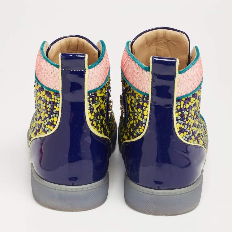 Pre Owned Christian Louboutin Multicolor Mesh And Patent Leather Crystal Embellished High Top Sneakers Size 43.5