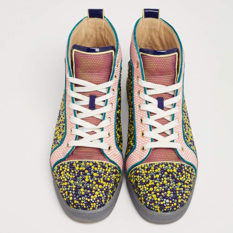 Pre Owned Christian Louboutin Multicolor Mesh And Patent Leather Crystal Embellished High Top Sneakers Size 43.5