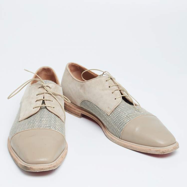 Pre Owned Christian Louboutin Beige Suede, Woven Fabric and Leather Bruno Orlato Derby Size 44.5
