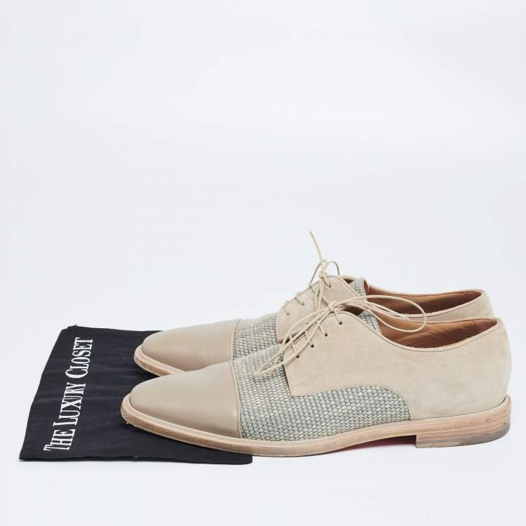 Pre Owned Christian Louboutin Beige Suede, Woven Fabric and Leather Bruno Orlato Derby Size 44.5