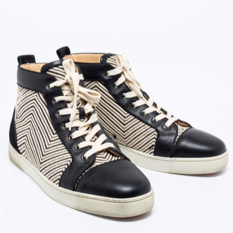 Pre Owned Christian Louboutin Black/Cream Suede And Leather Rantus Orlato High Top Sneakers  Size 44.5 