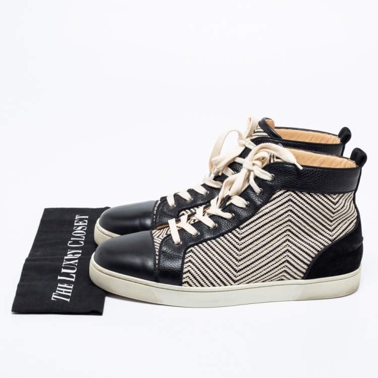 Pre Owned Christian Louboutin Black/Cream Suede And Leather Rantus Orlato High Top Sneakers  Size 44.5 