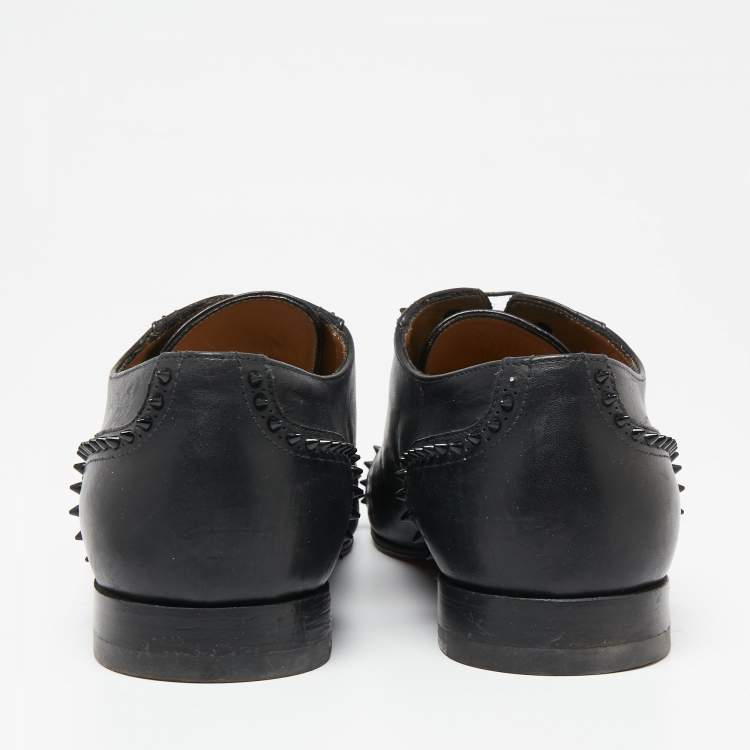 Pre Owned Christian Louboutin Black Leather Spike Lace-Up Oxfords Size 42.5