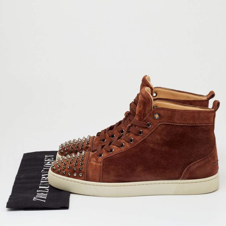 Pre Owned Christian Louboutin Brown Suede Lou Spikes High Top Sneakers Size 41.5 