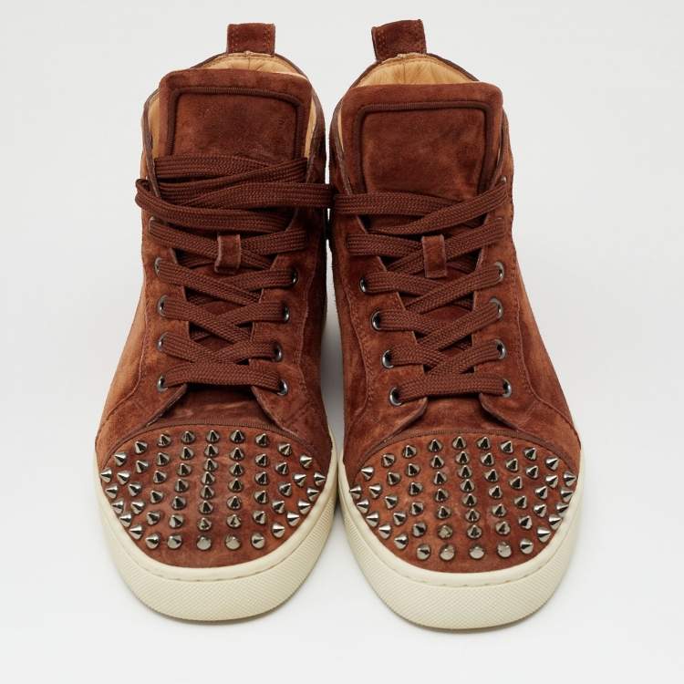 Pre Owned Christian Louboutin Brown Suede Lou Spikes High Top Sneakers Size 41.5 