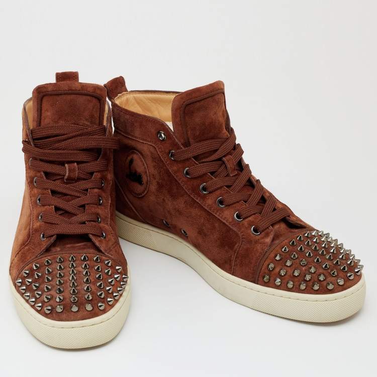 Pre Owned Christian Louboutin Brown Suede Lou Spikes High Top Sneakers Size 41.5 