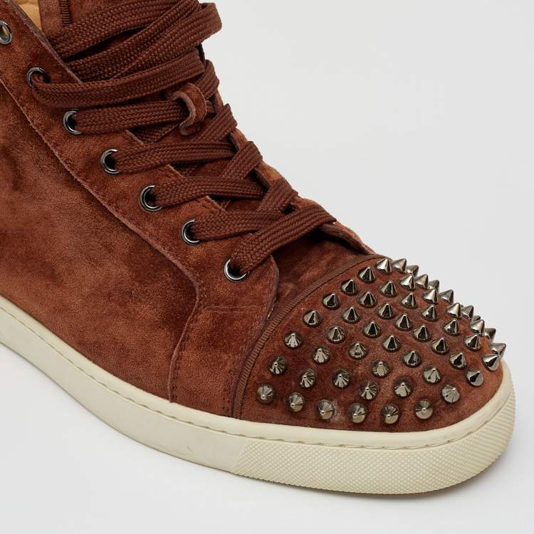 Pre Owned Christian Louboutin Brown Suede Lou Spikes High Top Sneakers Size 41.5 