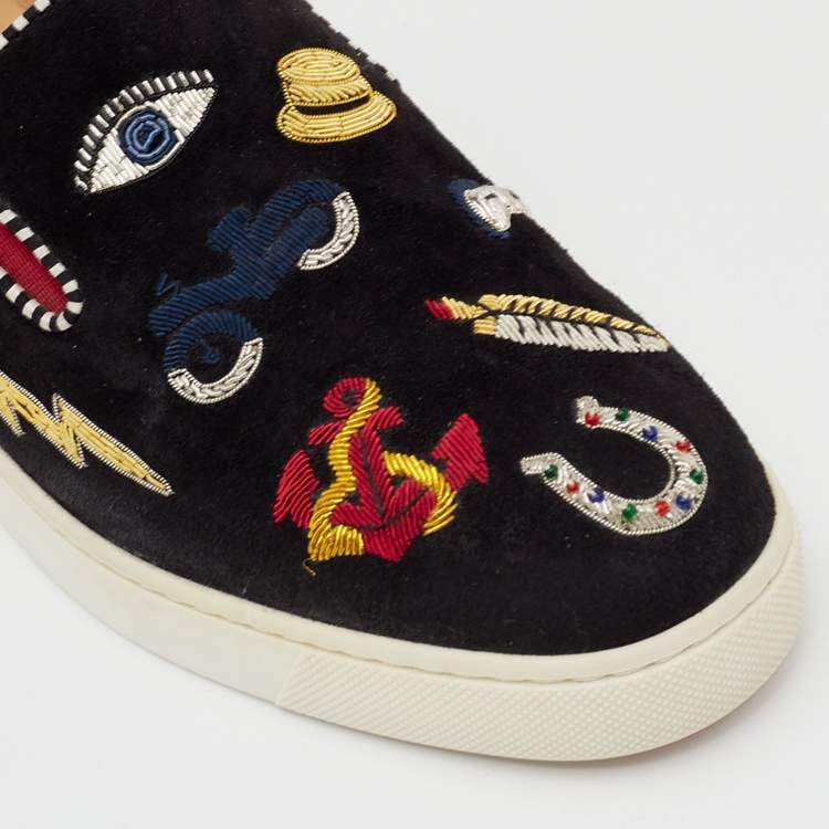 Pre Owned Christian Louboutin Black  Suede Embellished Pik N Luck Slip-on Sneakers  Size 37