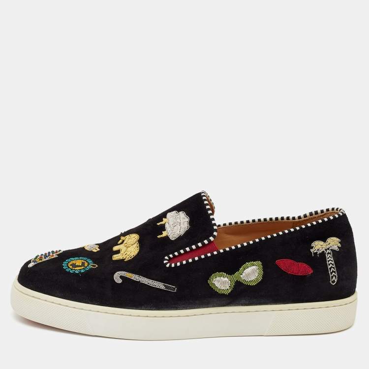 Pre Owned Christian Louboutin Black  Suede Embellished Pik N Luck Slip-on Sneakers  Size 37