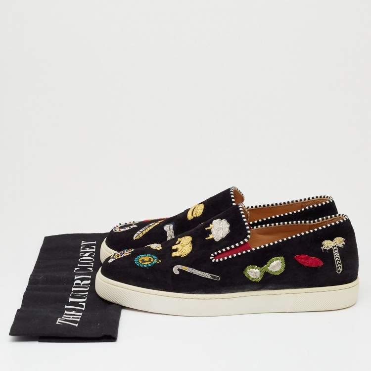 Pre Owned Christian Louboutin Black  Suede Embellished Pik N Luck Slip-on Sneakers  Size 37