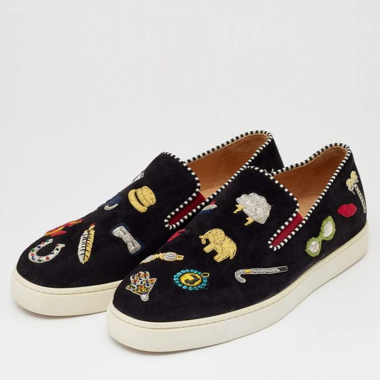 Pre Owned Christian Louboutin Black  Suede Embellished Pik N Luck Slip-on Sneakers  Size 37
