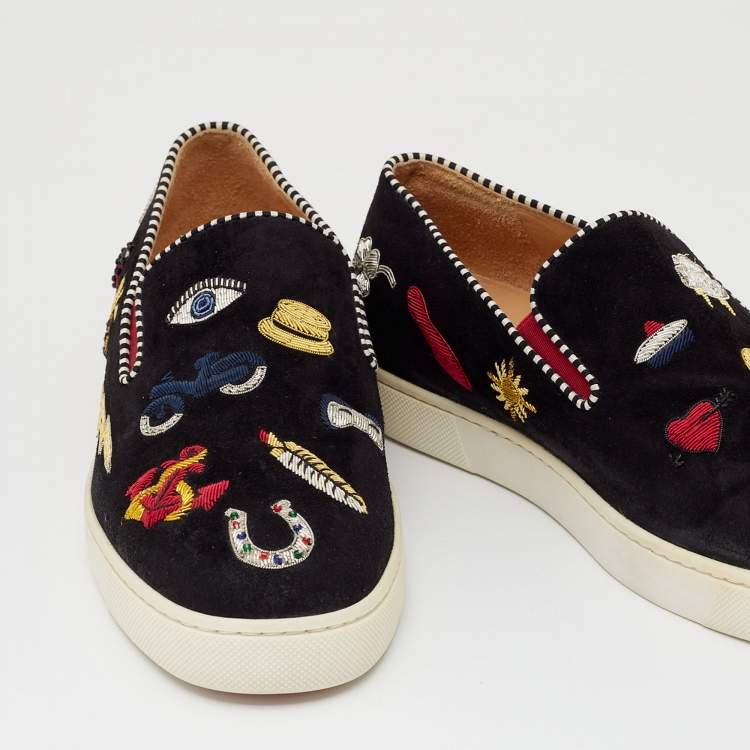 Pre Owned Christian Louboutin Black  Suede Embellished Pik N Luck Slip-on Sneakers  Size 37