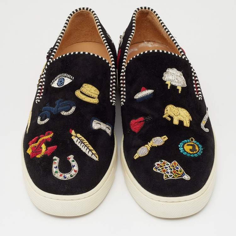 Pre Owned Christian Louboutin Black  Suede Embellished Pik N Luck Slip-on Sneakers  Size 37
