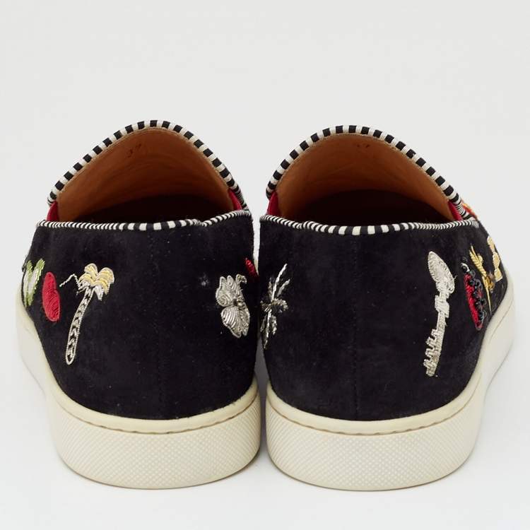 Pre Owned Christian Louboutin Black  Suede Embellished Pik N Luck Slip-on Sneakers  Size 37