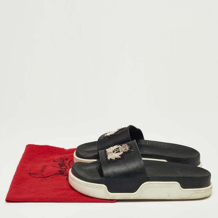 Pre Owned Christian Louboutin Black Leather Crest Slide Sandals Size 41.5