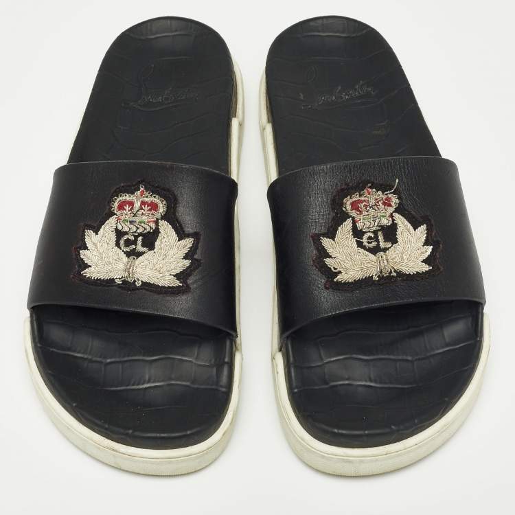 Pre Owned Christian Louboutin Black Leather Crest Slide Sandals Size 41.5