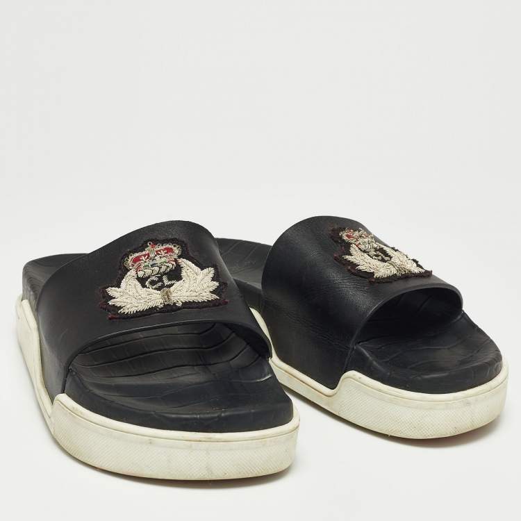 Pre Owned Christian Louboutin Black Leather Crest Slide Sandals Size 41.5