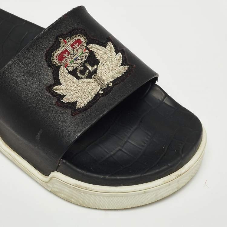 Pre Owned Christian Louboutin Black Leather Crest Slide Sandals Size 41.5