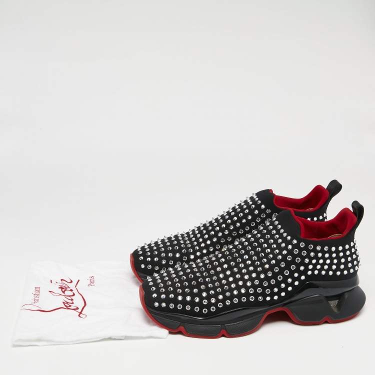 Pre Owned Christian Louboutin Black Stretch Fabric Spike Sock Slip On Platform Sneakers Size 46