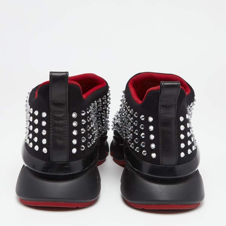 Pre Owned Christian Louboutin Black Stretch Fabric Spike Sock Slip On Platform Sneakers Size 46