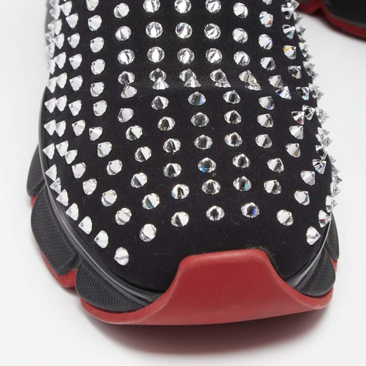Pre Owned Christian Louboutin Black Stretch Fabric Spike Sock Slip On Platform Sneakers Size 46
