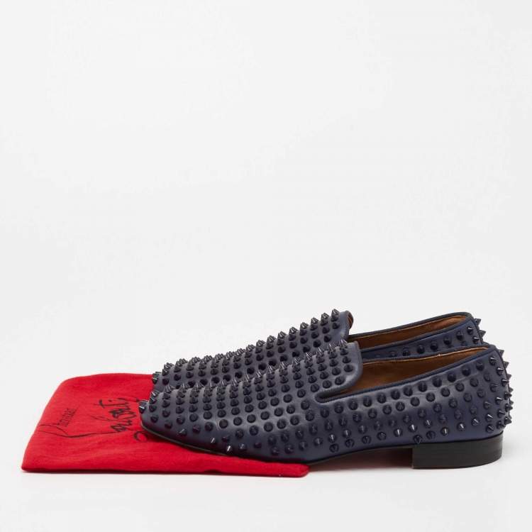 Pre Owned Christian Louboutin Navy Blue Leather Dandelion Spike Smoking Slippers Size 40