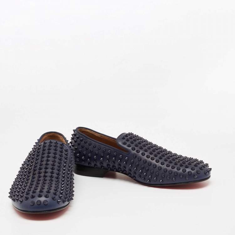 Pre Owned Christian Louboutin Navy Blue Leather Dandelion Spike Smoking Slippers Size 40