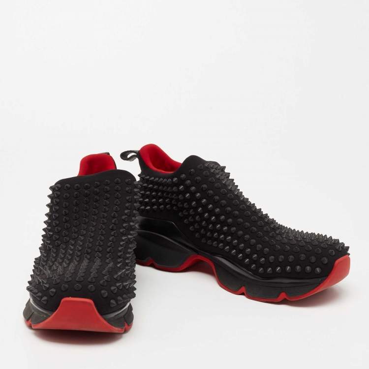 Pre Owned Christian Louboutin Black Stretch Fabric Spike Sock Slip On Platform Sneakers Size 40.5