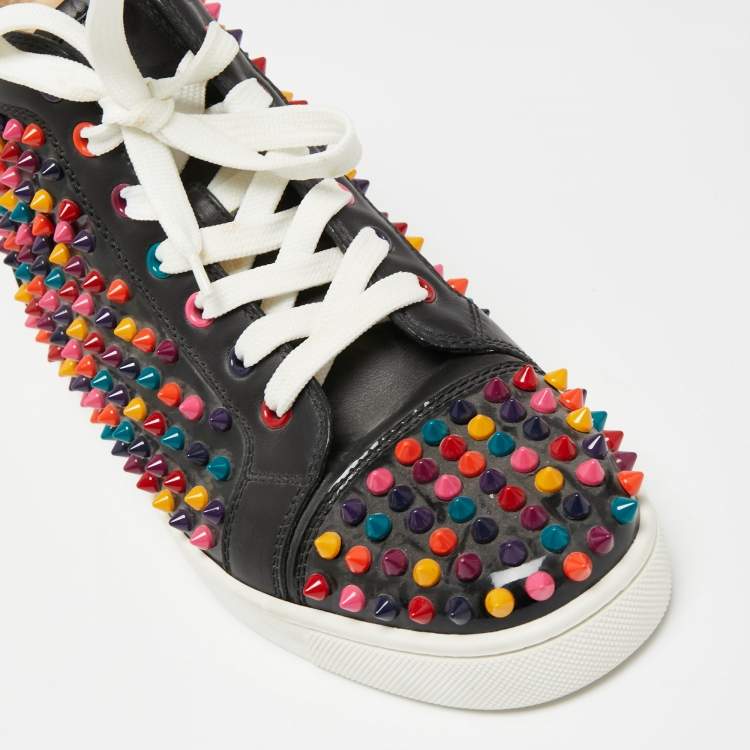 Pre Owned Christian Louboutin Black Leather Multicolor Spikes Louis High-Top Sneakers Size 40