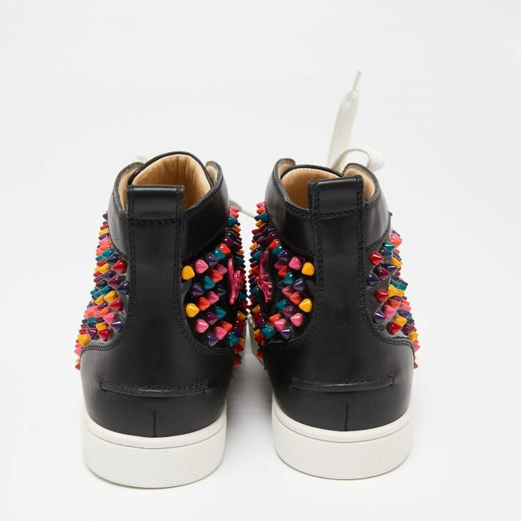 Pre Owned Christian Louboutin Black Leather Multicolor Spikes Louis High-Top Sneakers Size 40
