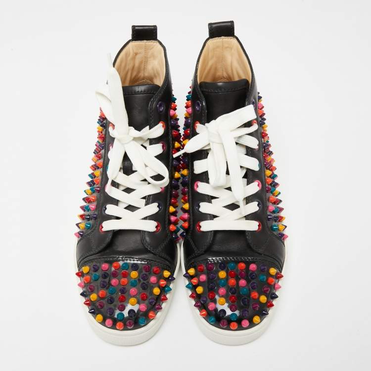 Pre Owned Christian Louboutin Black Leather Multicolor Spikes Louis High-Top Sneakers Size 40