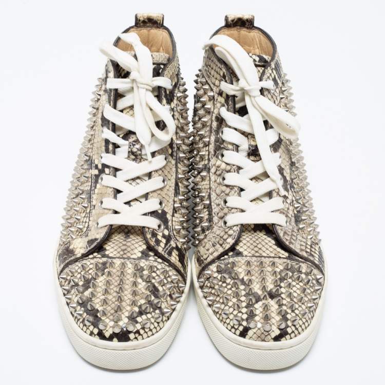 Pre Owned Christian Louboutin Beige Spike Python Louis High Top Sneakers Size 40