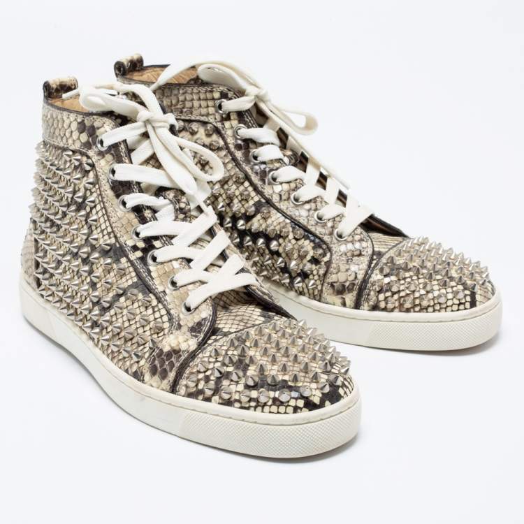 Pre Owned Christian Louboutin Beige Spike Python Louis High Top Sneakers Size 40