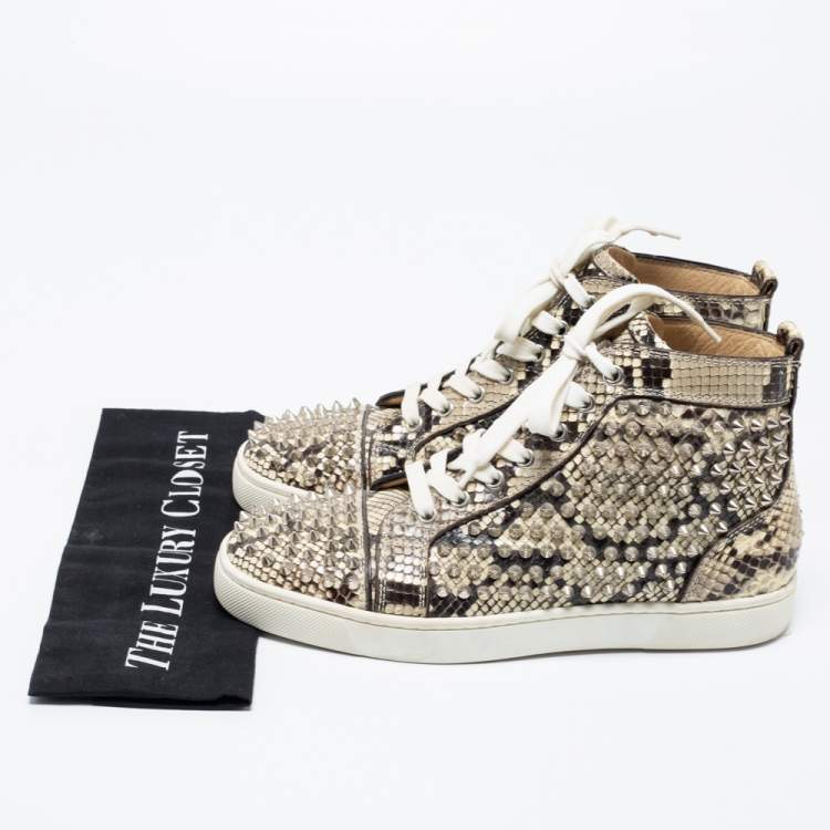 Pre Owned Christian Louboutin Beige Spike Python Louis High Top Sneakers Size 40