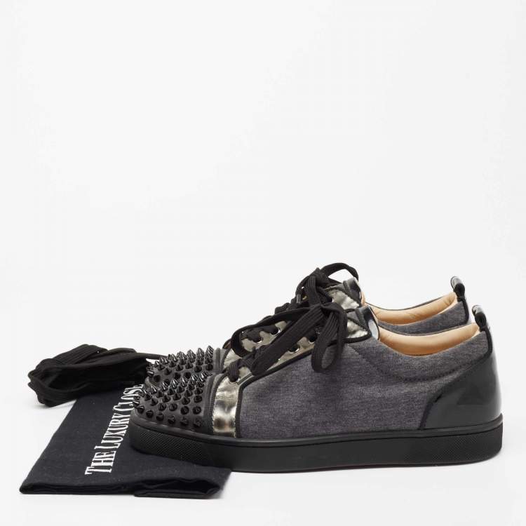 Pre Owned Christian Louboutin Grey/Black Fabric, Patent and Leather Junior Louis Spikes Low-Top Sneakers Size 40