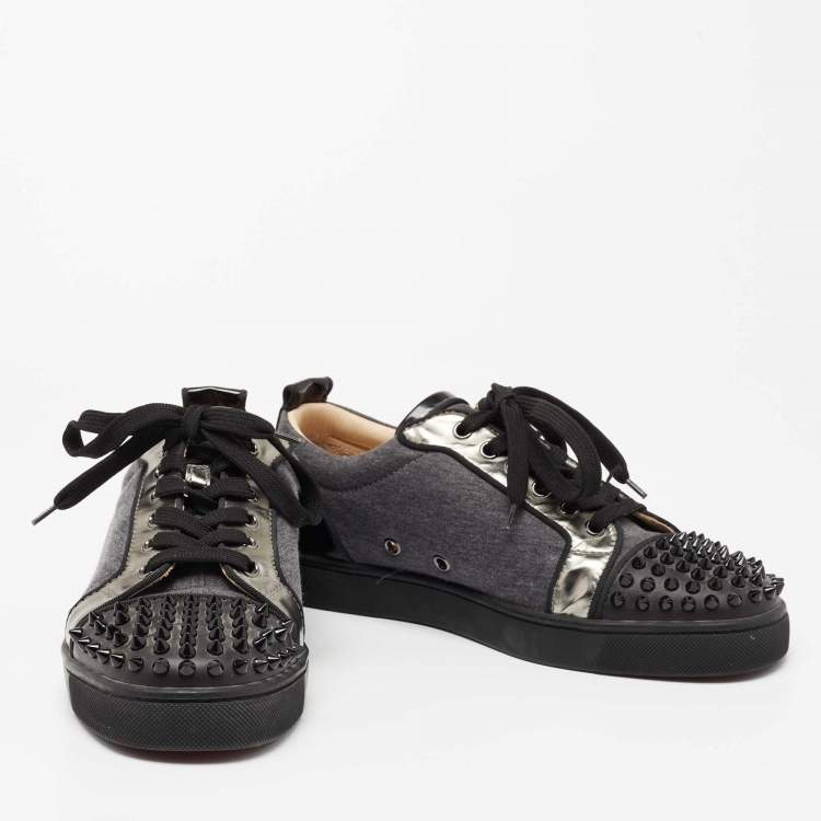 Pre Owned Christian Louboutin Grey/Black Fabric, Patent and Leather Junior Louis Spikes Low-Top Sneakers Size 40